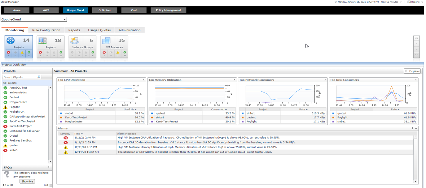 In project view will show all monitored Google Cloud Projects