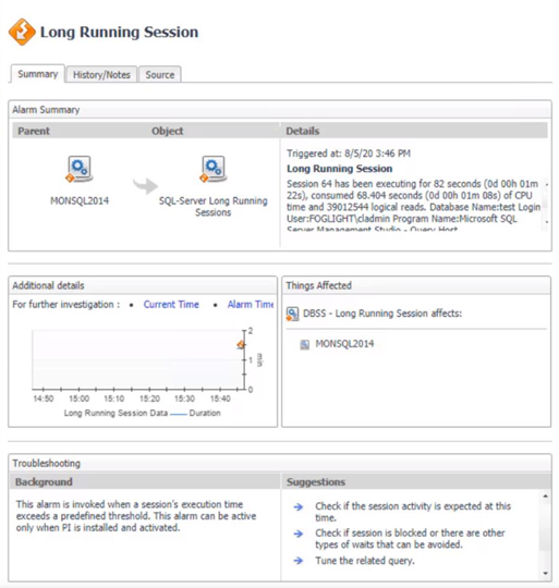 Foglight for Databases now contains alarms for long running sessions.