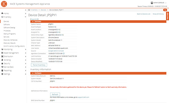 Extraiga los datos de administración de Chromebook disponibles al conectar KACE SMA con las API de Google y las herramientas de administración de Google Workspace