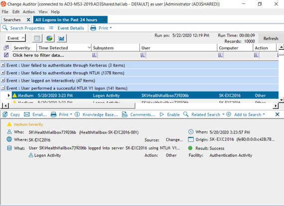 Change Auditor for Logon Activity. Informe de inicios de sesión de usuarios de Active Directory