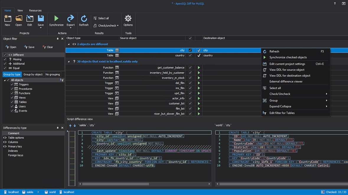 Comparison results in the main application window