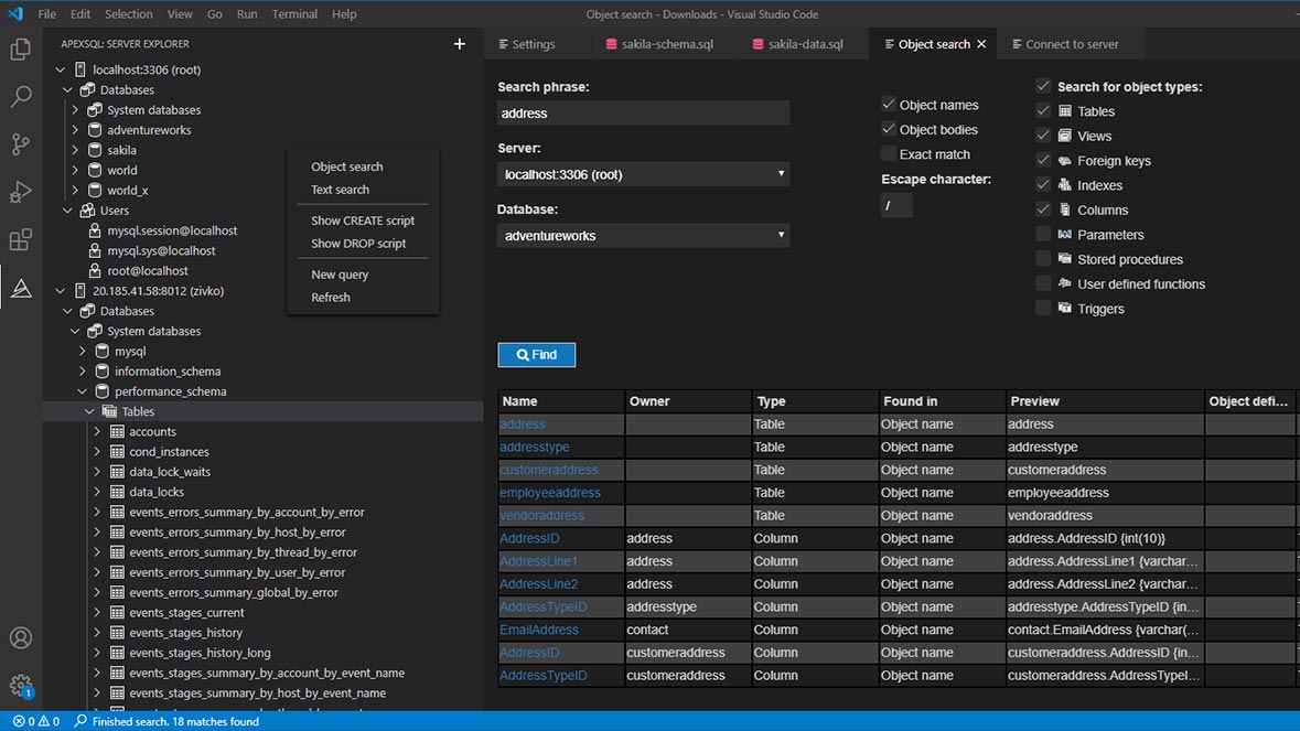 ApexSQL object search