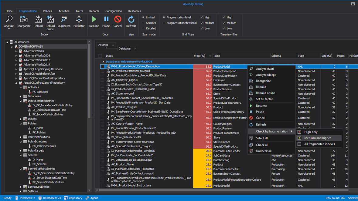 Main interface showing index fragmentation