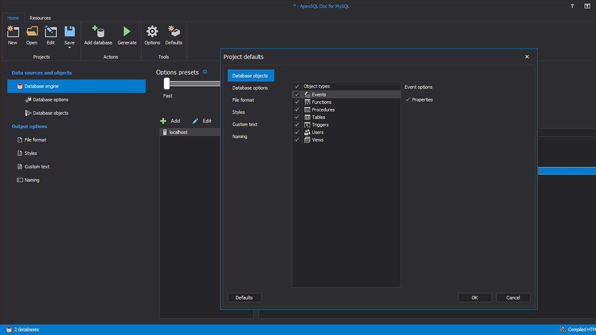 Set Project default options for documentation