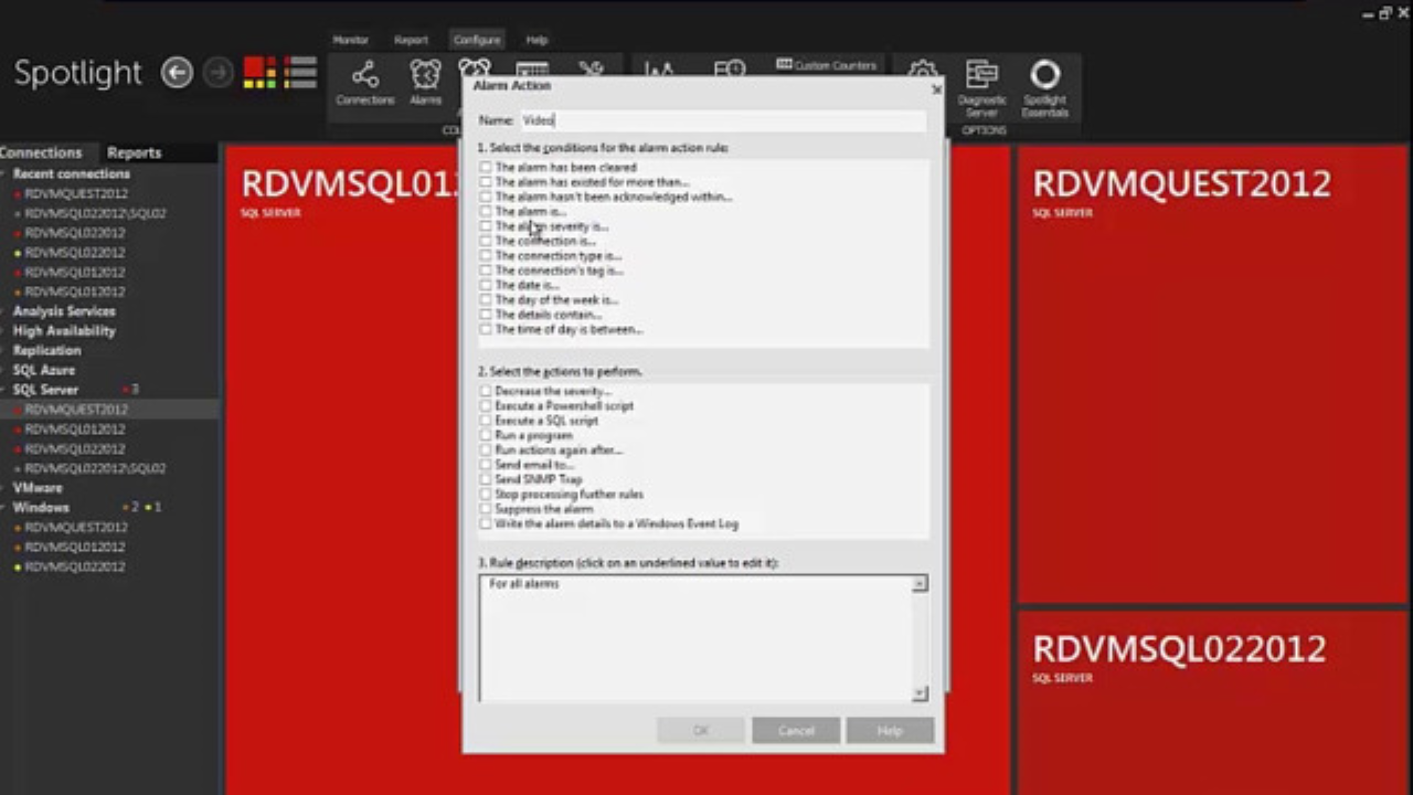 Configure Spotlight on SQL Server Enterprise alarm actions video guide