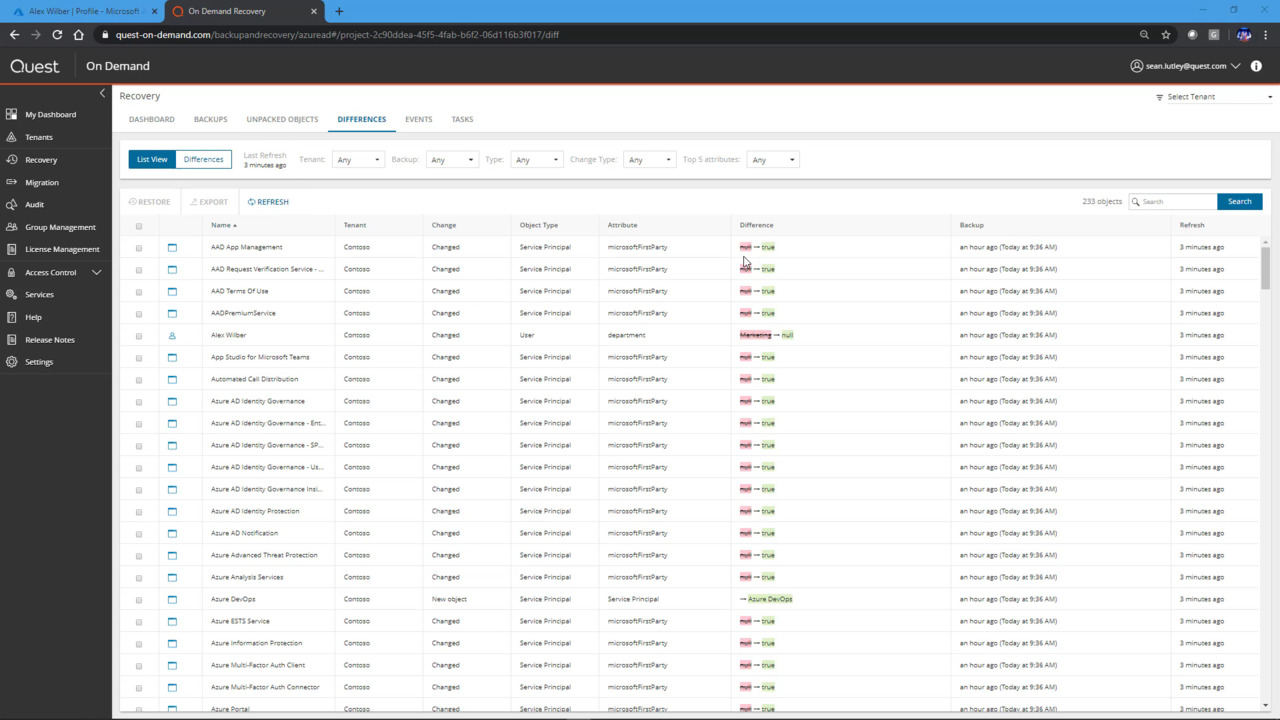 How to restore an Azure AD objects attribute using the difference fea