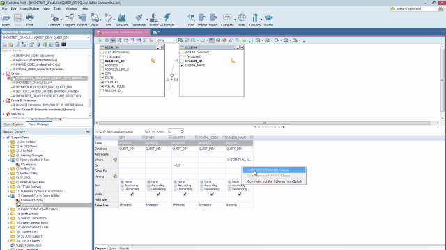 How to comment out clauses in the Toad Data Point query builder