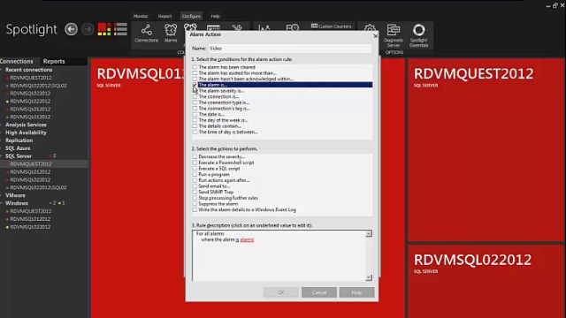 How to configure alarm actions in Spotlight on SQL Server 