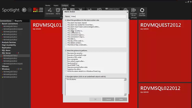 How to configure Spotlight on SQL Server Enterprise alarm actions