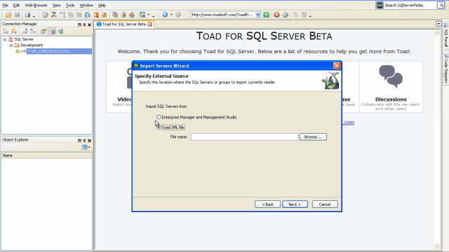 How to import connections in Toad for SQL Server