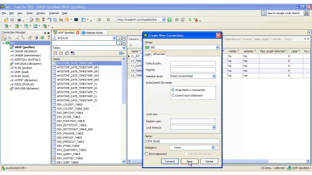 How to set connection isolation levels in Toad for DB2