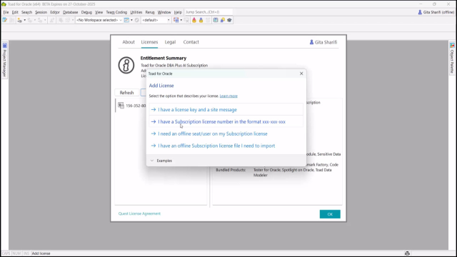 Licensing Tutorial in Toad for Oracle