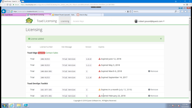 Managing licenses in Toad DevOps Toolkit