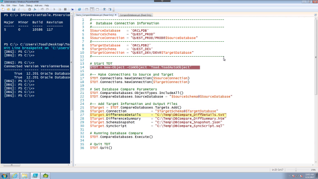 Using Database Compare with PowerShell in Toad DevOps Toolkit