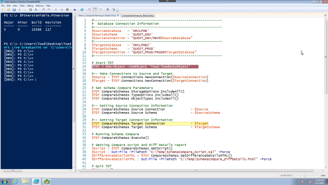 Using Schema Compare with PowerShell in Toad DevOps Toolkit